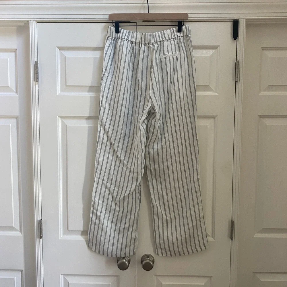 NWT Quince European Linen Women 8 Wide Leg Pant Oatmeal Stripe Eco Coastal